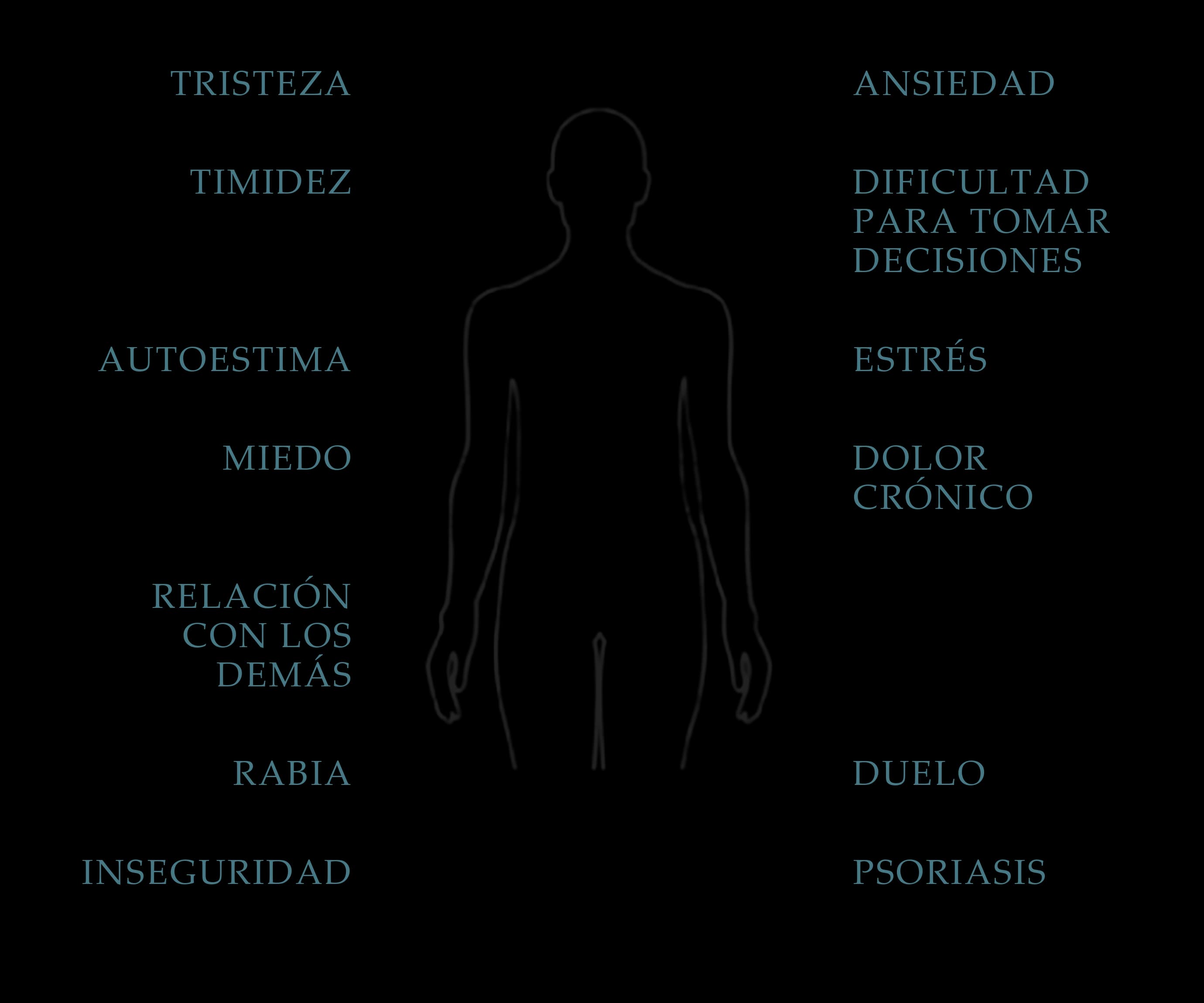 Ilustración de una silueta humana rodeada de los temas que se trabajan en terapia: ansiedad, estrés, autoestima, tristeza, miedo y timidez, entre otros